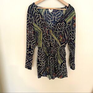 One clothing medium navy and green batik print romper with V neckline skort
